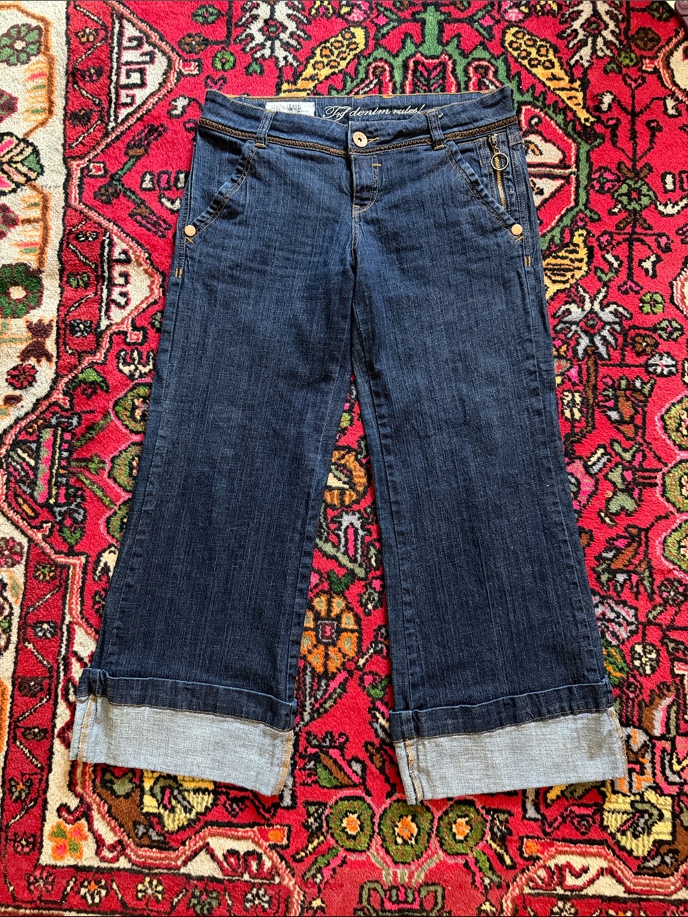 Zara TRF Denim Dark Blue Wide-Leg Cuffed Jeans